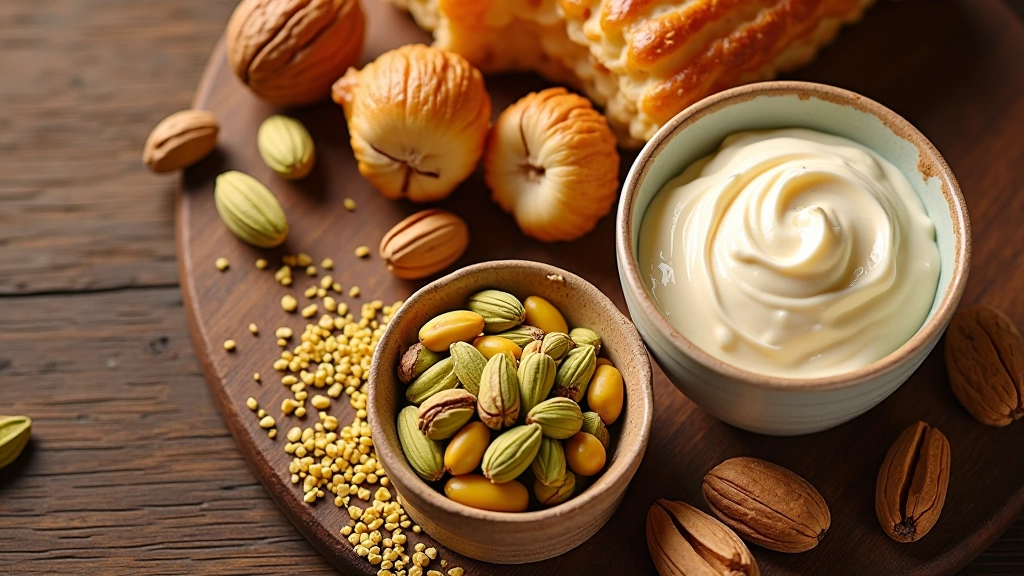 Antep fıstığı, ceviz ve kaymak ham malzemeleri, ahşap kesme tahtası üzerinde, doğal ışıkta, yapısallaştırılmış sunum