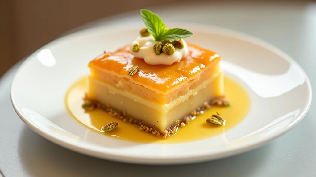 Modern tatlıcıda sunum edilen füzyon baklava, altın varak ve fıstık dekorasyonuyla, minimalist beyaz tabakta, soft aydınlatma