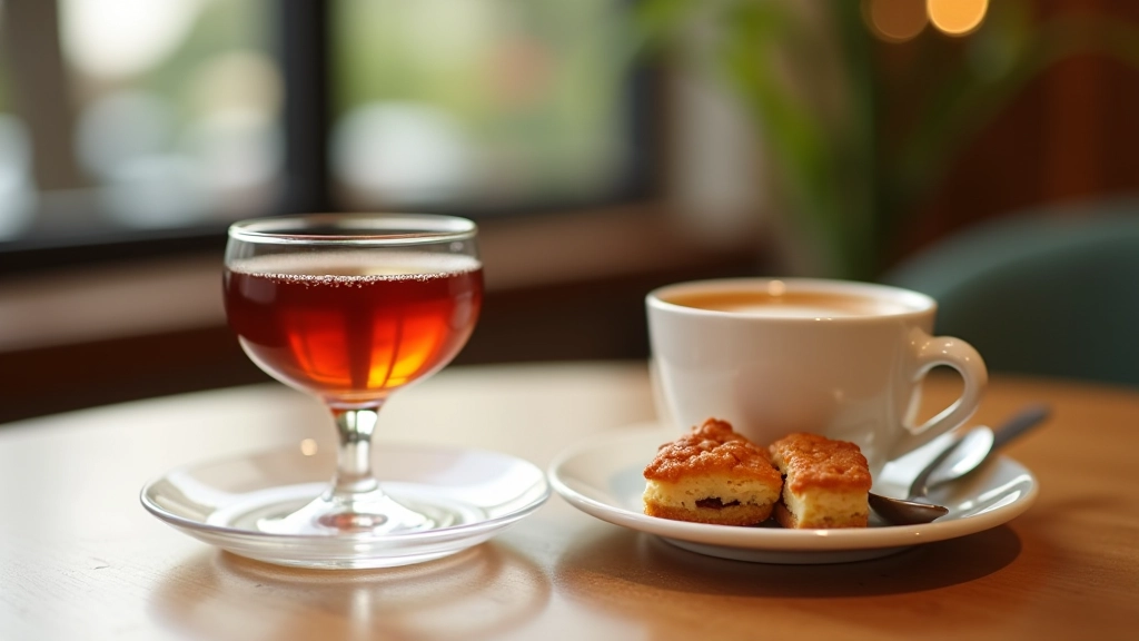 Türk çayı tulip bardakta, yanında kahve fincanı, baklava ve şerbetli tatlı, samovarda sıcak su